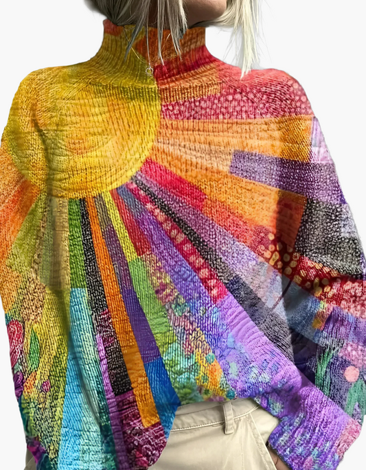 Dam Långärmad tröja med konstnärlig patchwork-design och polokrage – Modernt statement för vardag och fritid