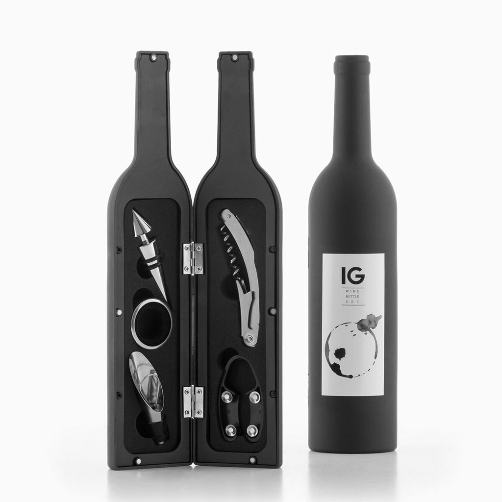 Wijnaccessoire set 5-delig in flesvormige koffer, zwart/zilver