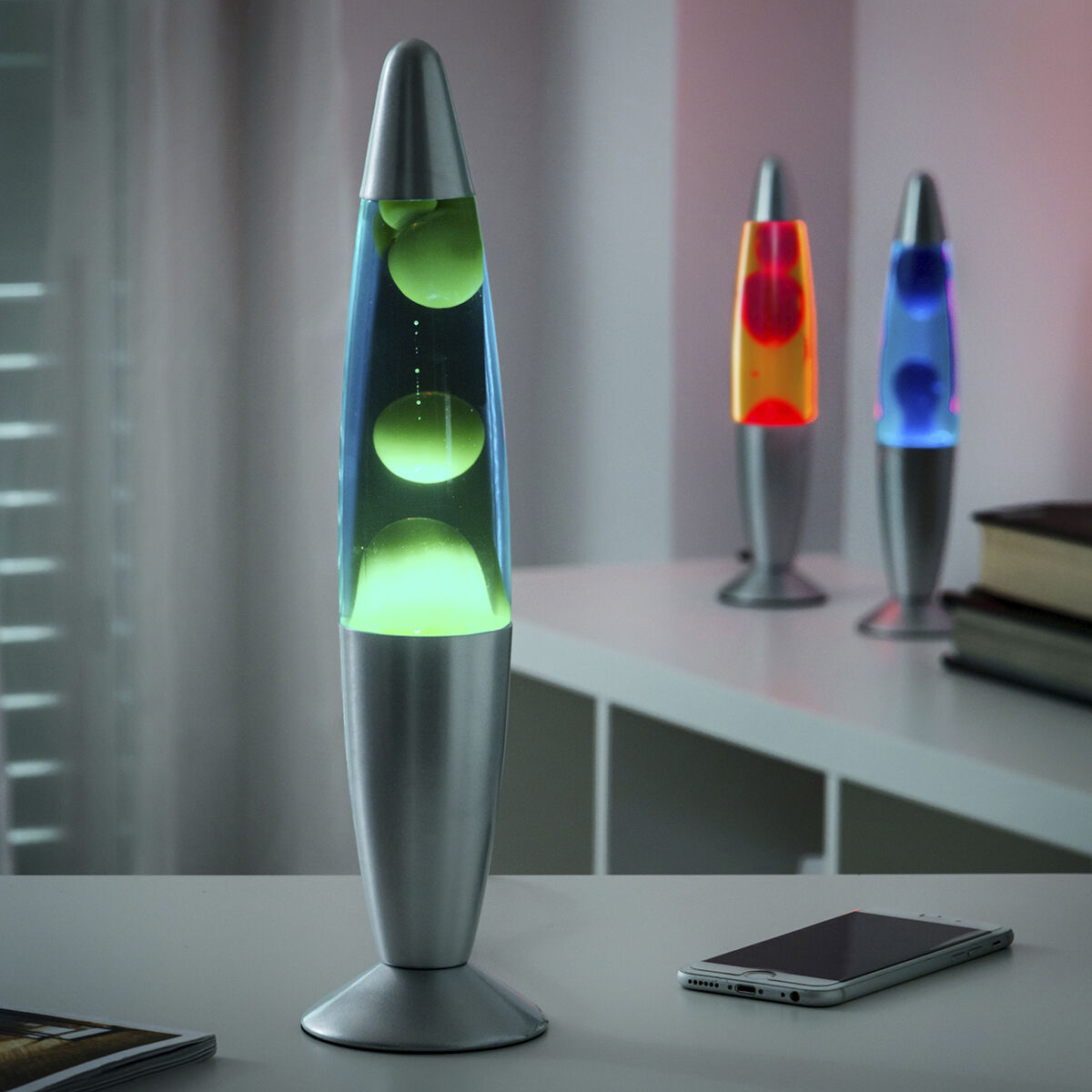 Lavalamp met glazen behuizing, 21,5 cm hoog, rood/groen/blauw