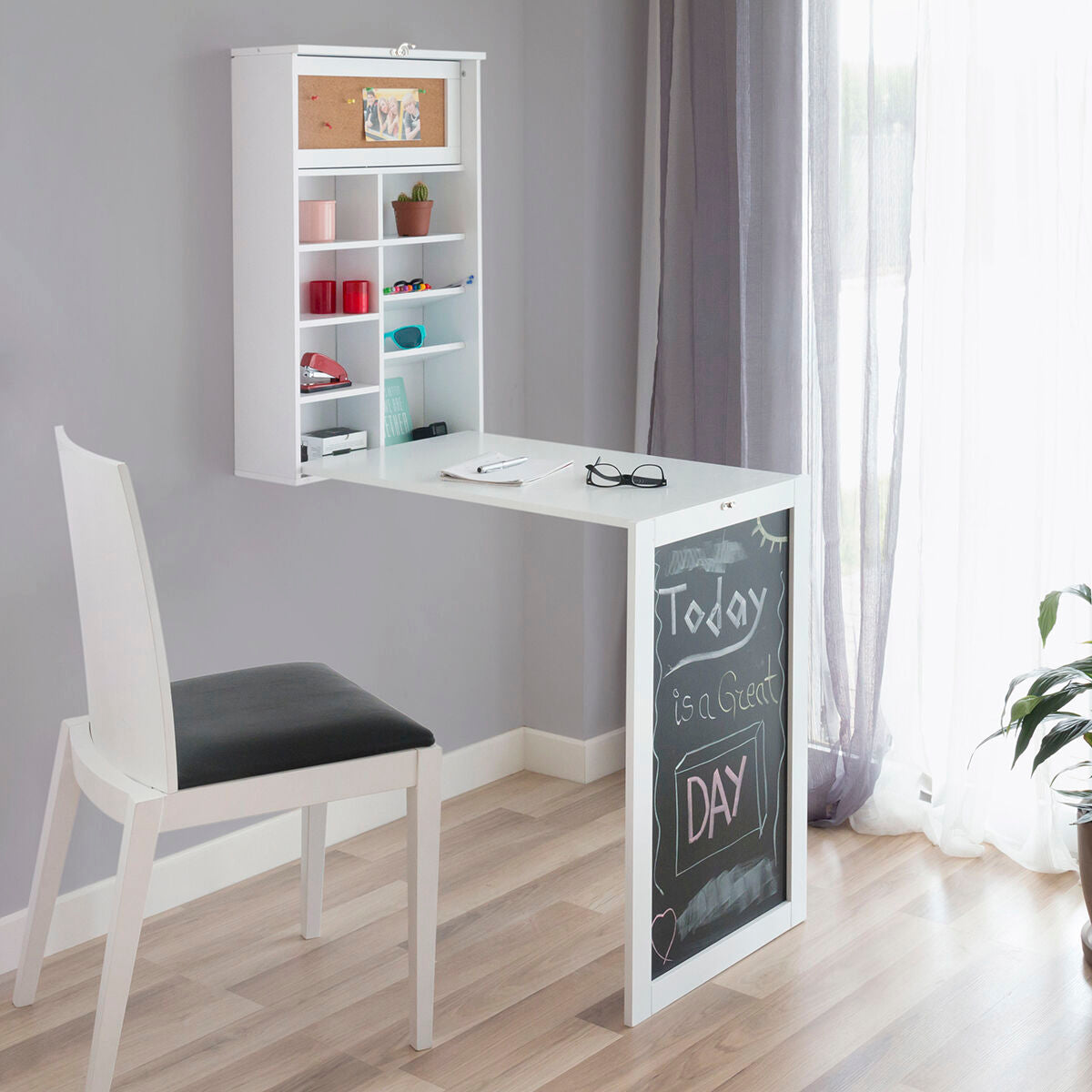 Vouwbaar wandbureau met krijtbord en kurkpaneel, wit, hout