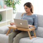 Bamboe opklapbare bijzettafel met lade en onderzetters, beige