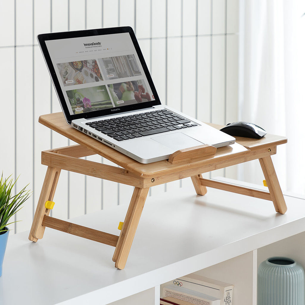 Bamboe opklapbare bijzettafel met lade en onderzetters, beige