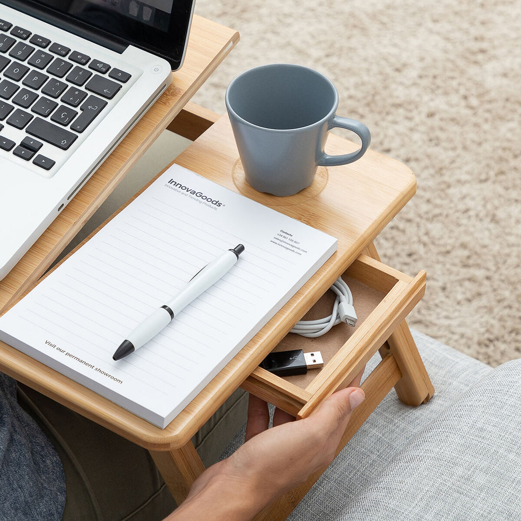 Bamboe opklapbare bijzettafel met lade en onderzetters, beige