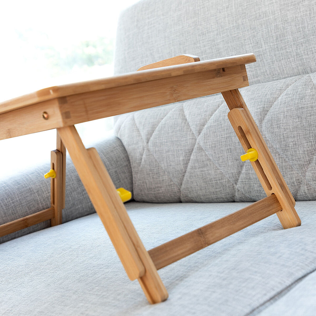 Bamboe opklapbare bijzettafel met lade en onderzetters, beige