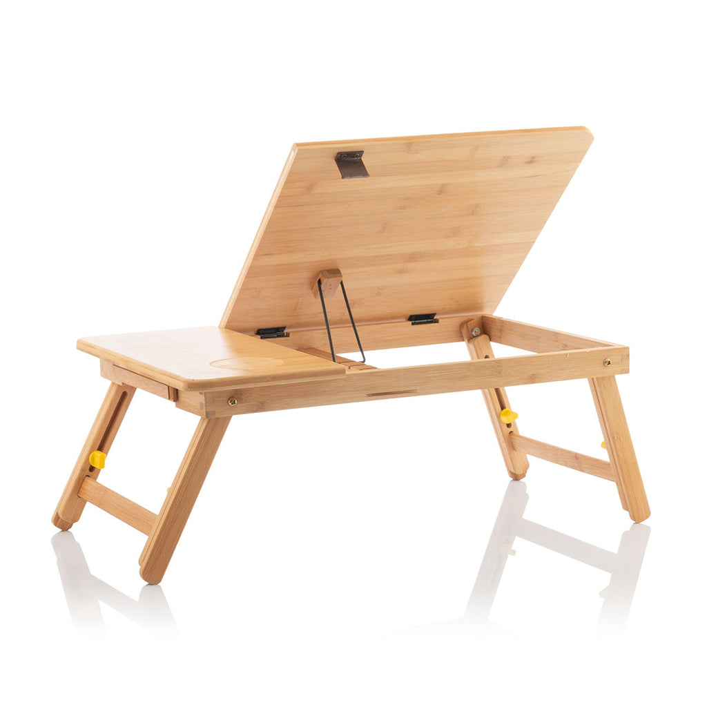 Bamboe opklapbare bijzettafel met lade en onderzetters, beige