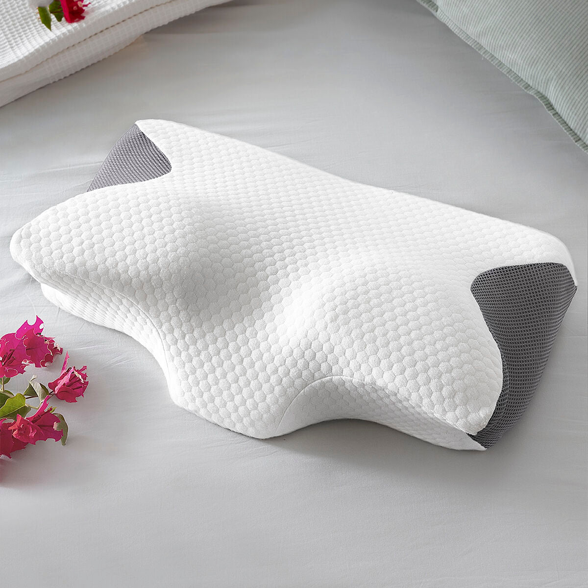 Visco-elastisch nekkussen met ergonomische contouren, wit/grijs