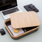 Draagbare laptoptafel met opbergvak, hout en linnen, 40,5 x 33 cm