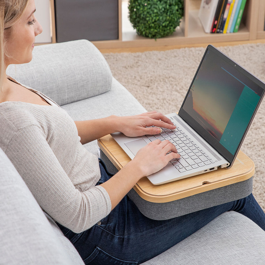 Draagbare laptoptafel met opbergvak, hout en linnen, 40,5 x 33 cm