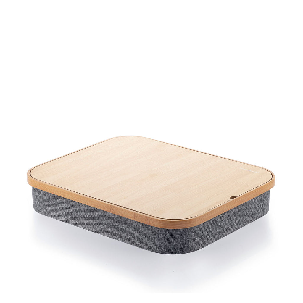 Draagbare laptoptafel met opbergvak, hout en linnen, 40,5 x 33 cm