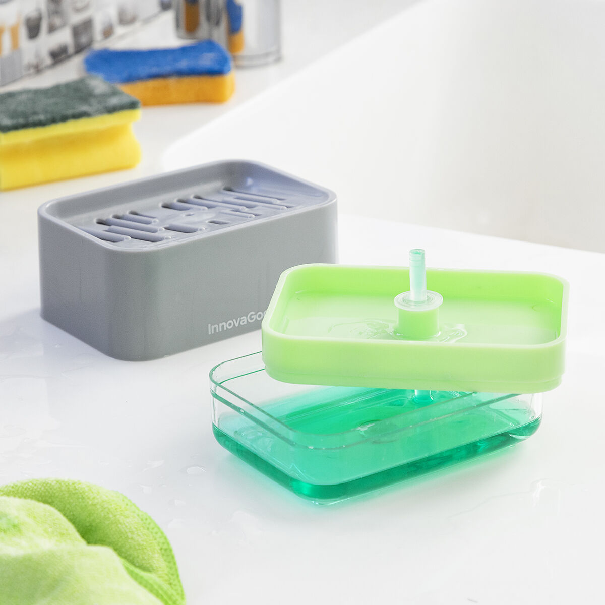 2-in-1 zeepdispenser met sponshouder voor aanrecht, 330 ml