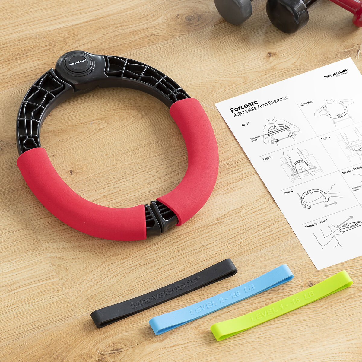 Aanpasbare armtrainer met weerstandsbanden en trainingsgids