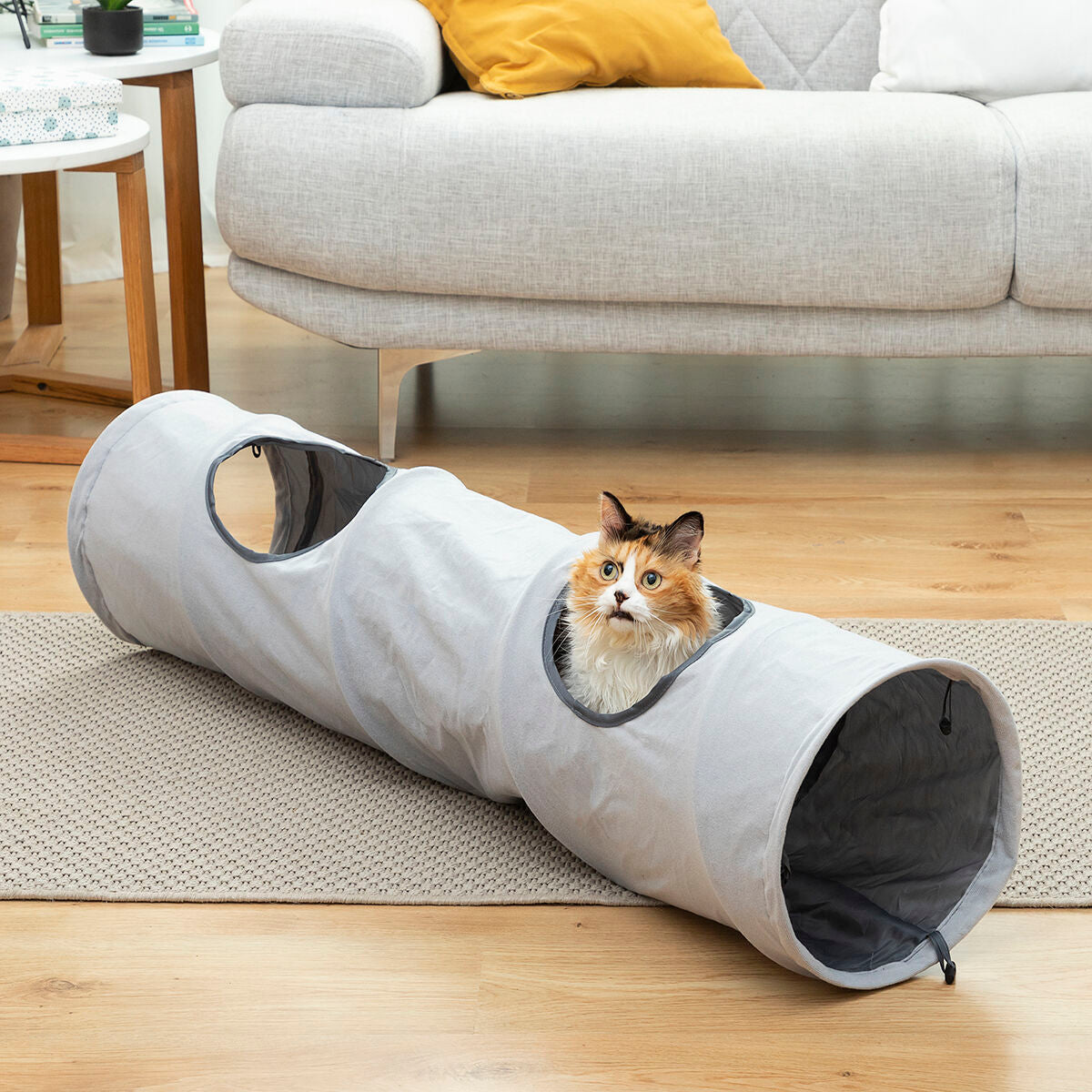 Opvouwbare speeltunnel voor katten, 114 x 25 cm, grijs polyester