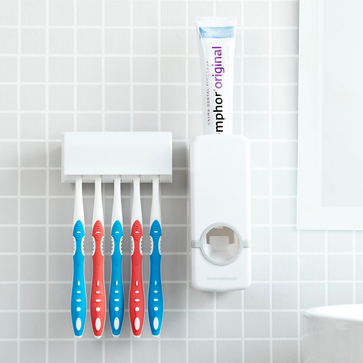 Tandpastadispenser met tandenborstelhouder, 2-in-1, wit/grijs