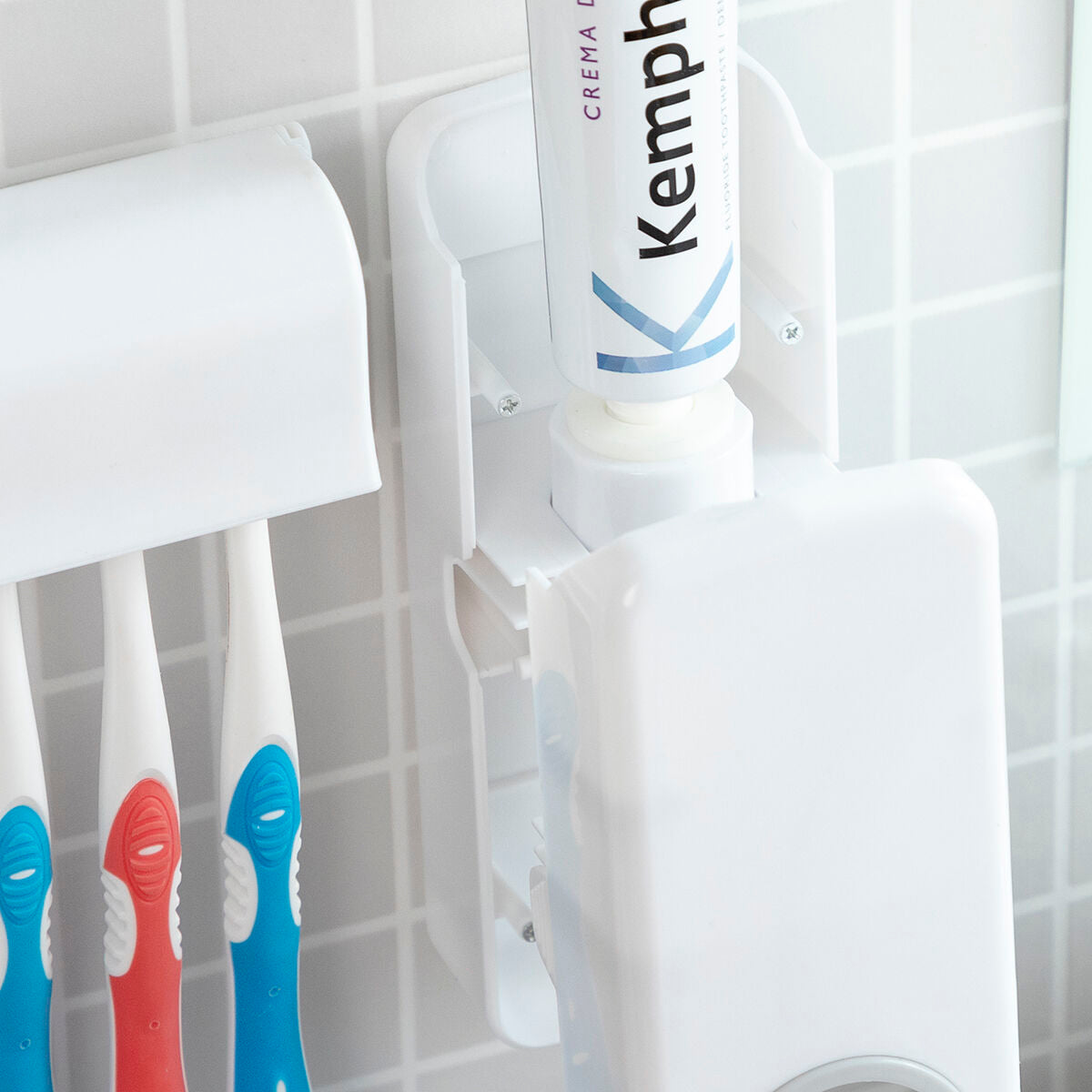 Tandpastadispenser met tandenborstelhouder, 2-in-1, wit/grijs
