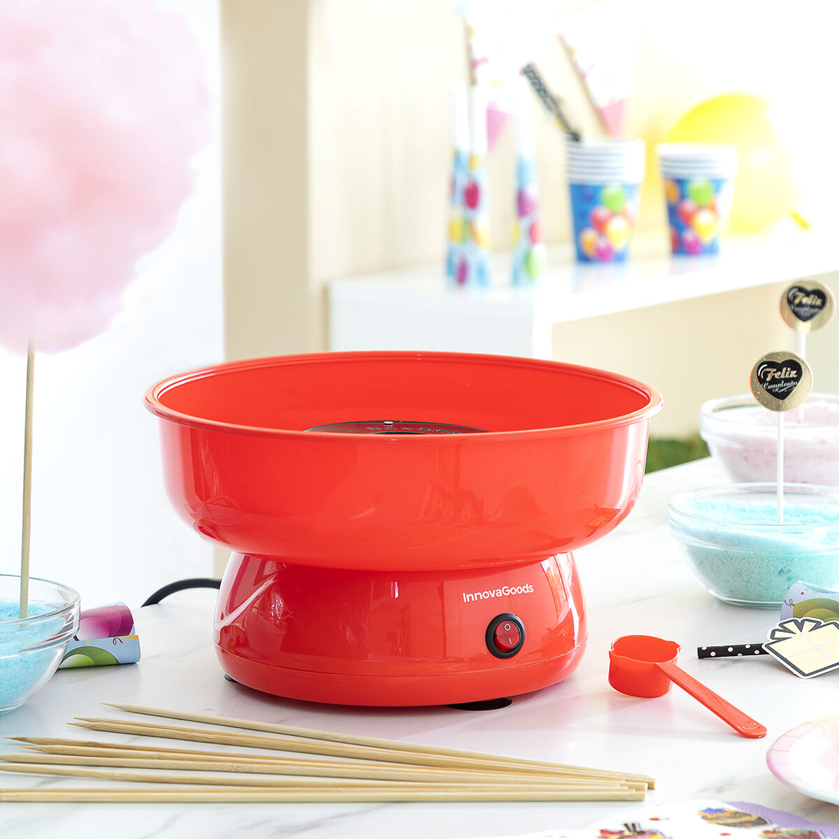 Suikerspinmachine elektrisch, rood, 450 W, met maatlepel en 10 stokjes