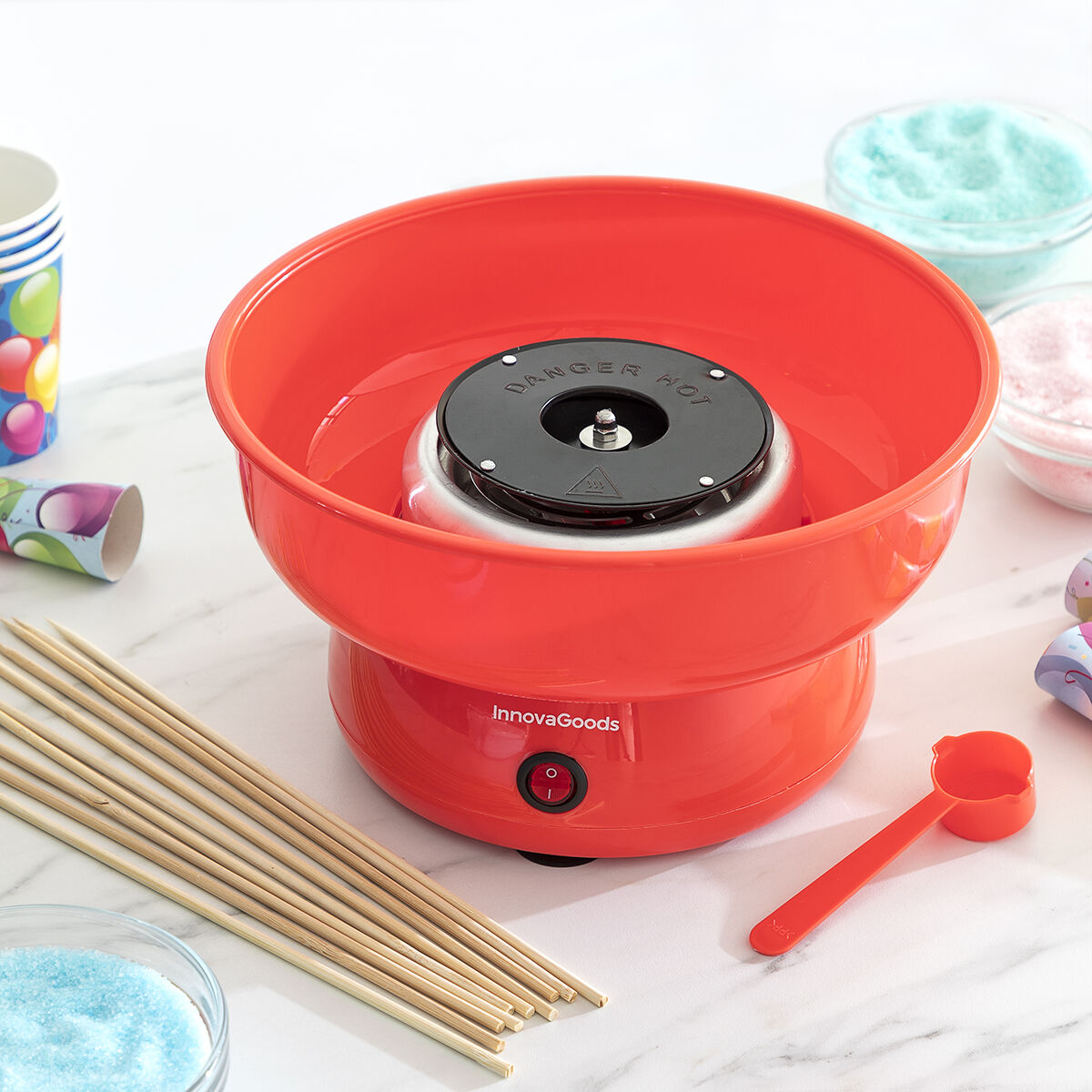 Suikerspinmachine elektrisch, rood, 450 W, met maatlepel en 10 stokjes