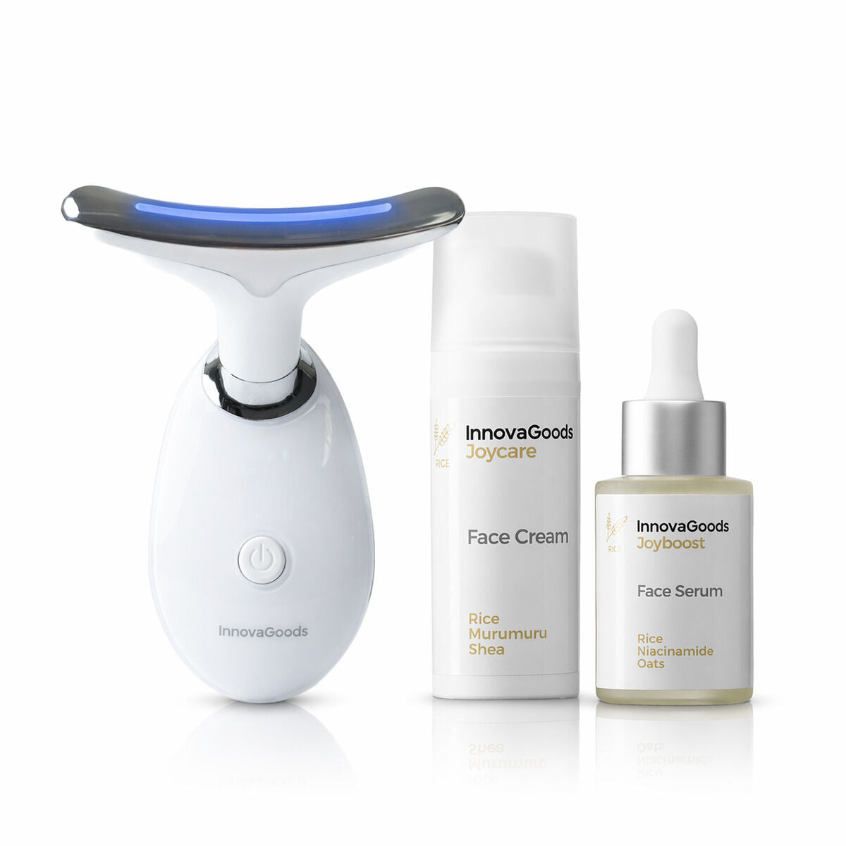 Pakket gezichtsmassager met LED, EMS en warmte, serum 30 ml en crème 50 ml
