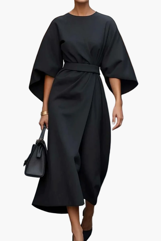 Dames Midi-jurk met Riem en Elegante Lantaarnmouwen – Stijlvolle Business- & Gelegenheidsjurk