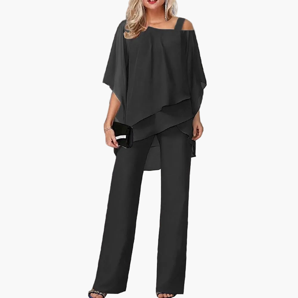 Conjunto de dos piezas elegante para mujer – Atuendo festivo con top cold-shoulder y pantalones anchos, moderno y versátil