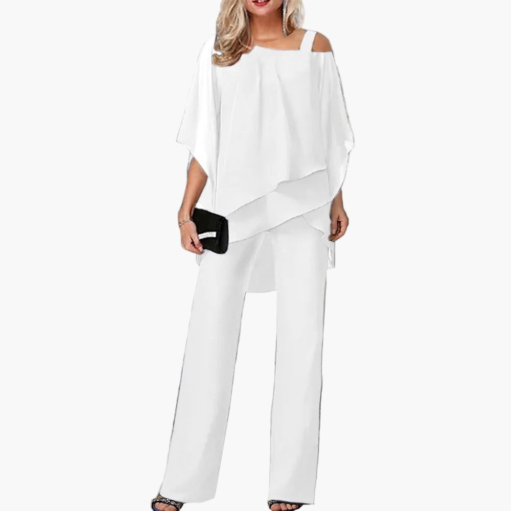 Conjunto de dos piezas elegante para mujer – Atuendo festivo con top cold-shoulder y pantalones anchos, moderno y versátil