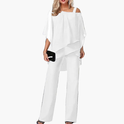 Conjunto de dos piezas elegante para mujer – Atuendo festivo con top cold-shoulder y pantalones anchos, moderno y versátil