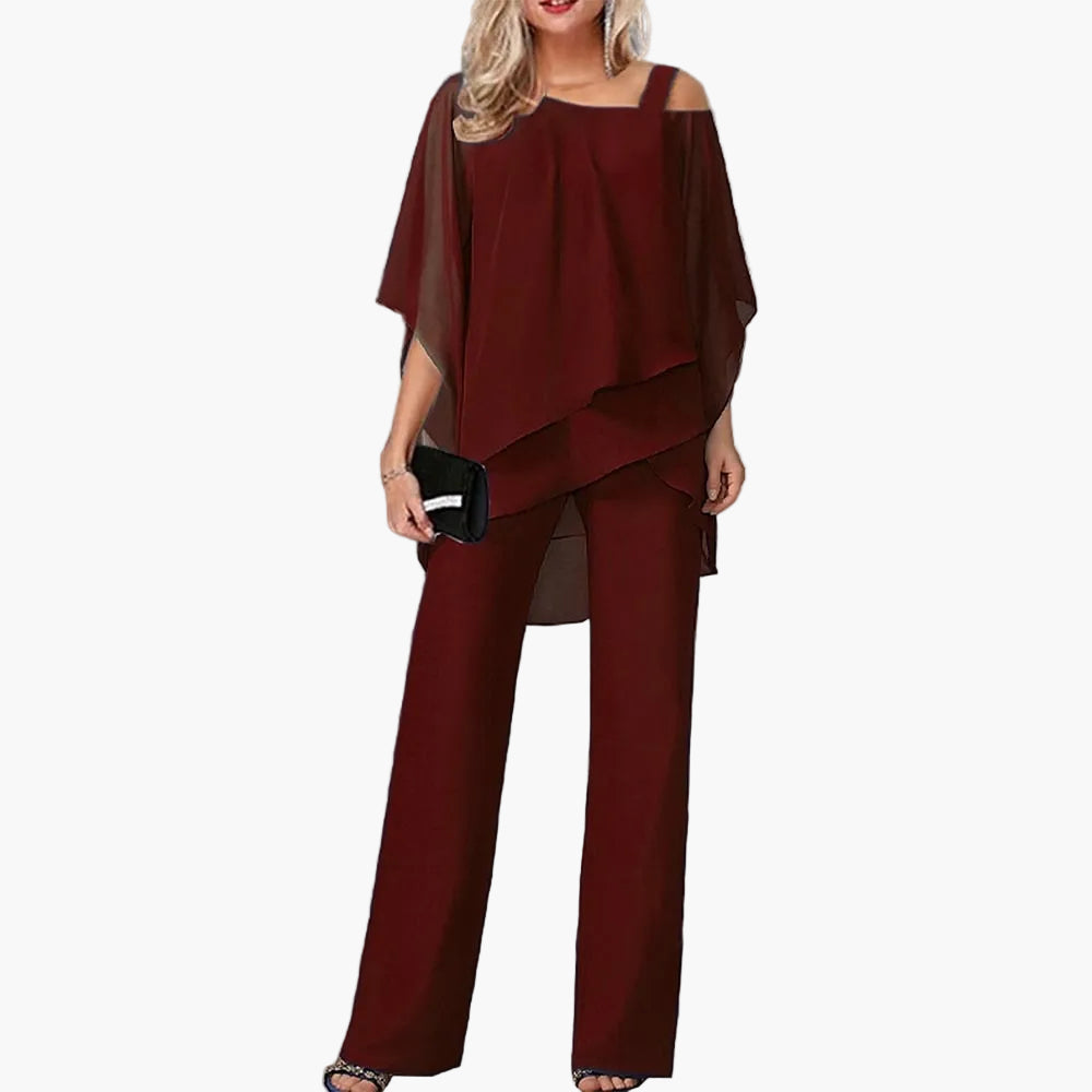 Conjunto de dos piezas elegante para mujer – Atuendo festivo con top cold-shoulder y pantalones anchos, moderno y versátil