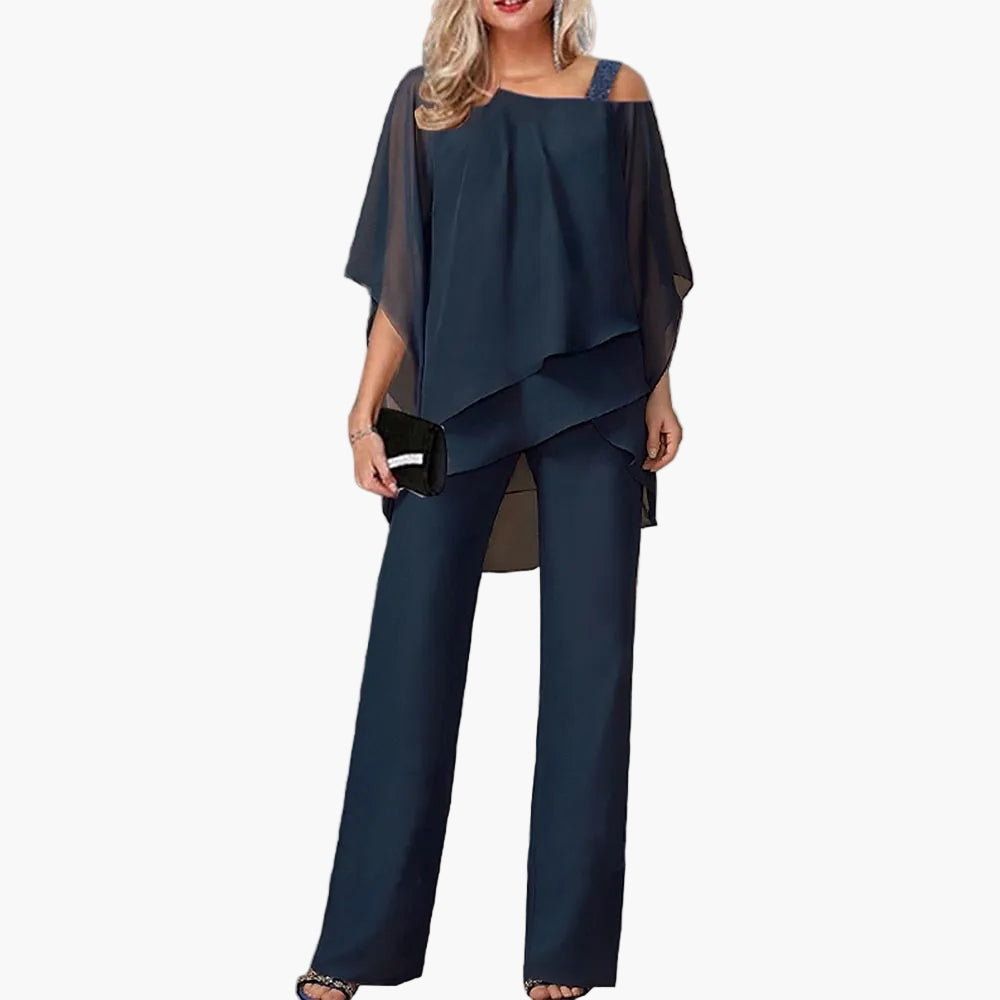 Conjunto de dos piezas elegante para mujer – Atuendo festivo con top cold-shoulder y pantalones anchos, moderno y versátil