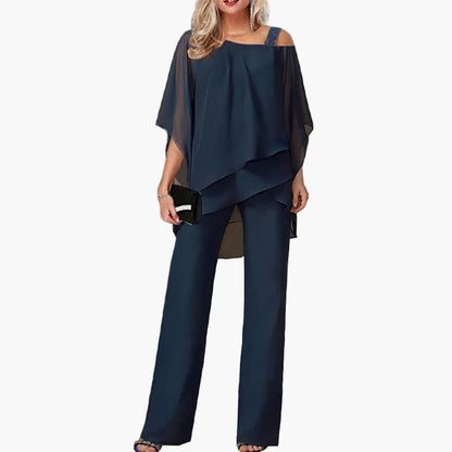 Conjunto de dos piezas elegante para mujer – Atuendo festivo con top cold-shoulder y pantalones anchos, moderno y versátil