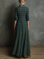 Valentina | Geruite maxi-jurk met lange mouwen, knopen en zakken voor dames