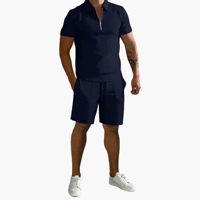 Herre sett polo med glidelås og shorts – Moderne fritidsantrekk for sommer og hverdag