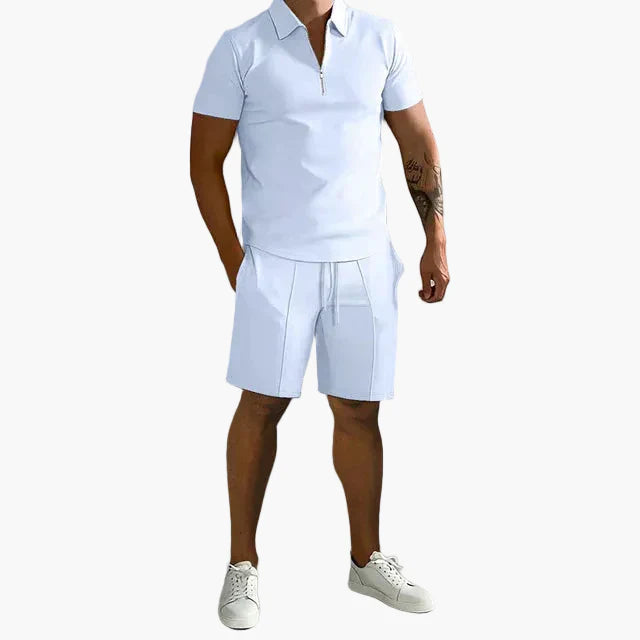Herre sett polo med glidelås og shorts – Moderne fritidsantrekk for sommer og hverdag