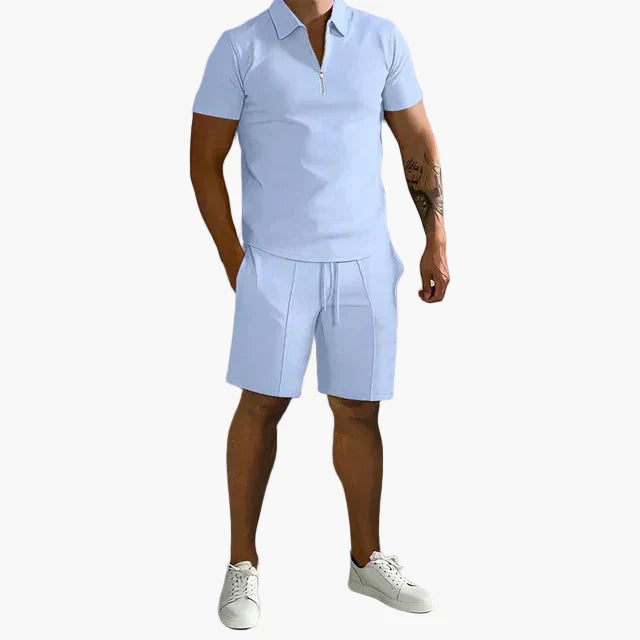 Herre sett polo med glidelås og shorts – Moderne fritidsantrekk for sommer og hverdag