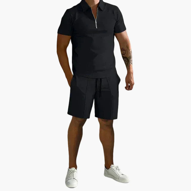 Herre sett polo med glidelås og shorts – Moderne fritidsantrekk for sommer og hverdag