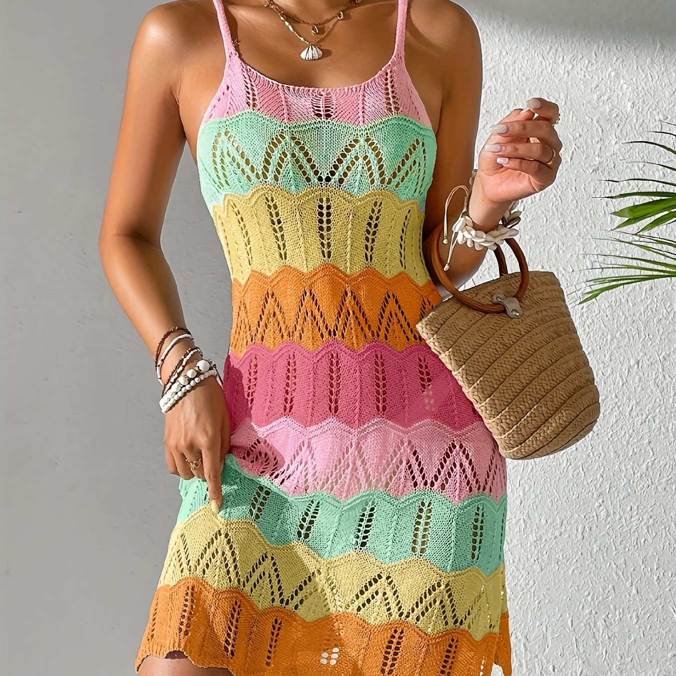 Robe mini tricotée bohème pour femme avec motif chevron – Idéale pour les vacances et l'été