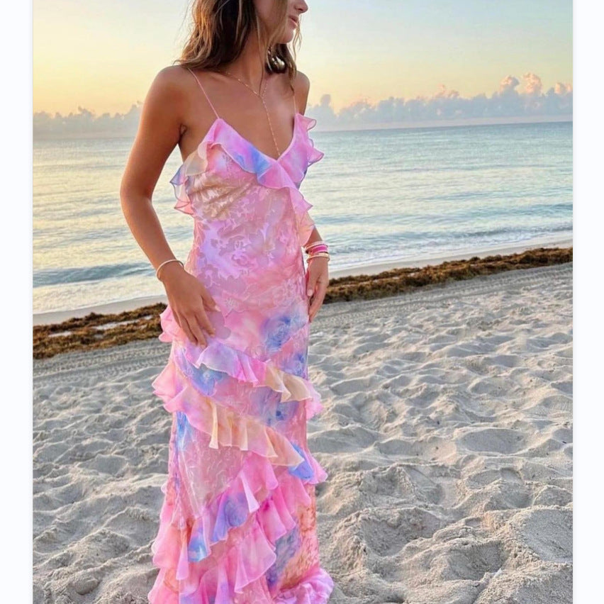 Robe longue bohème femme pour plage et été – Robe élégante sans manches à volants pour occasions spéciales