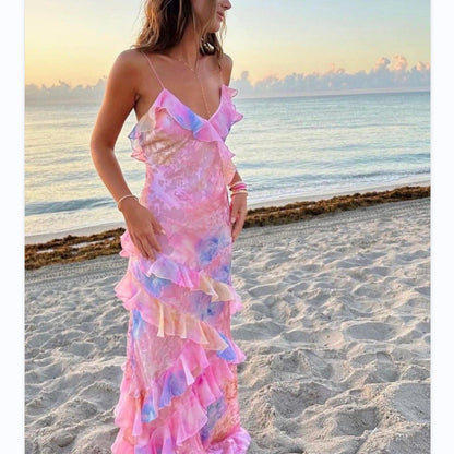 Robe longue bohème femme pour plage et été – Robe élégante sans manches à volants pour occasions spéciales