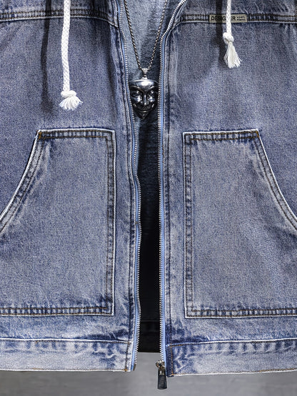 Chaqueta vaquera de hombre sin mangas con capucha, cremallera y efecto desgastado