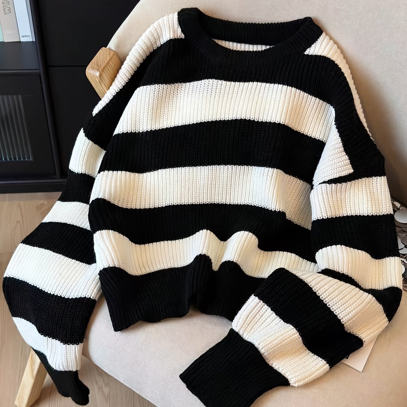 Gestreifter Pullover Damen Schwarz Weiß Langarm Rundhals Strickpullover