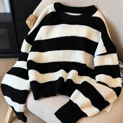 Gestreifter Pullover Damen Schwarz Weiß Langarm Rundhals Strickpullover
