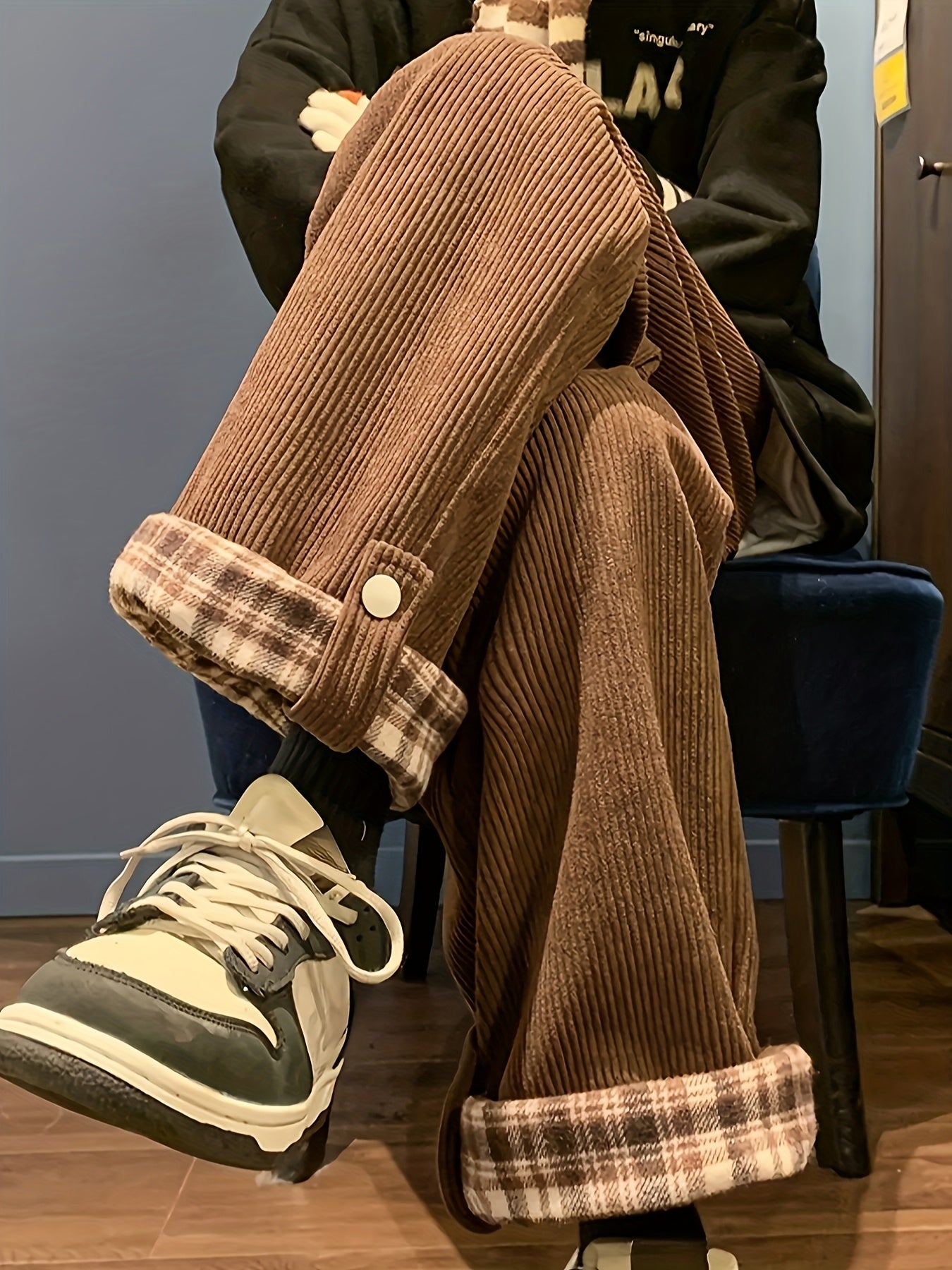 Kordhose Unisex Weites Bein Karo Krempelbund