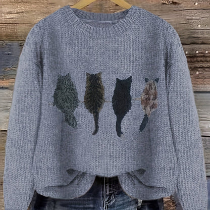 Damen Strickpullover mit Rundhalsausschnitt und Katzen-Print