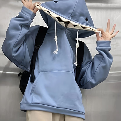 Blauer Hoodie mit Haifisch-Design, Kapuzenpullover mit Reißzahn-Kapuze, lockere Passform