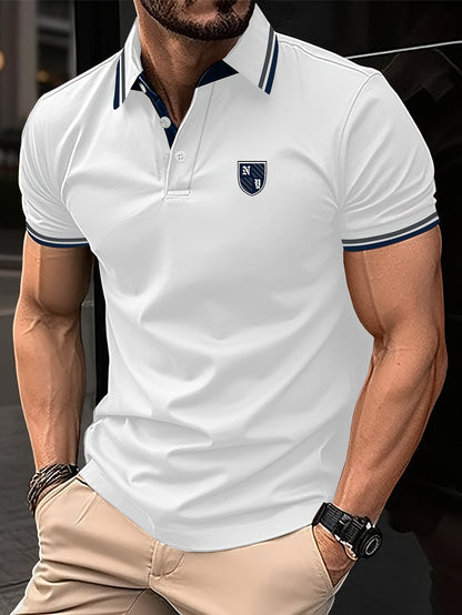 Polo para hombre estilo casual universitario con detalles en contraste y bordado – manga corta para uso diario y tiempo libre