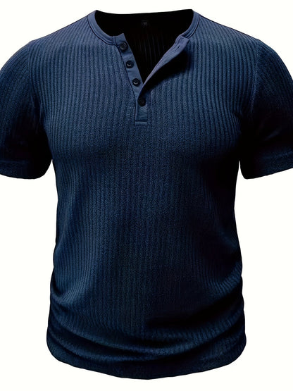 Herre Henley T-skjorte med knappestolpe og striper – Komfortabel fritidsstil