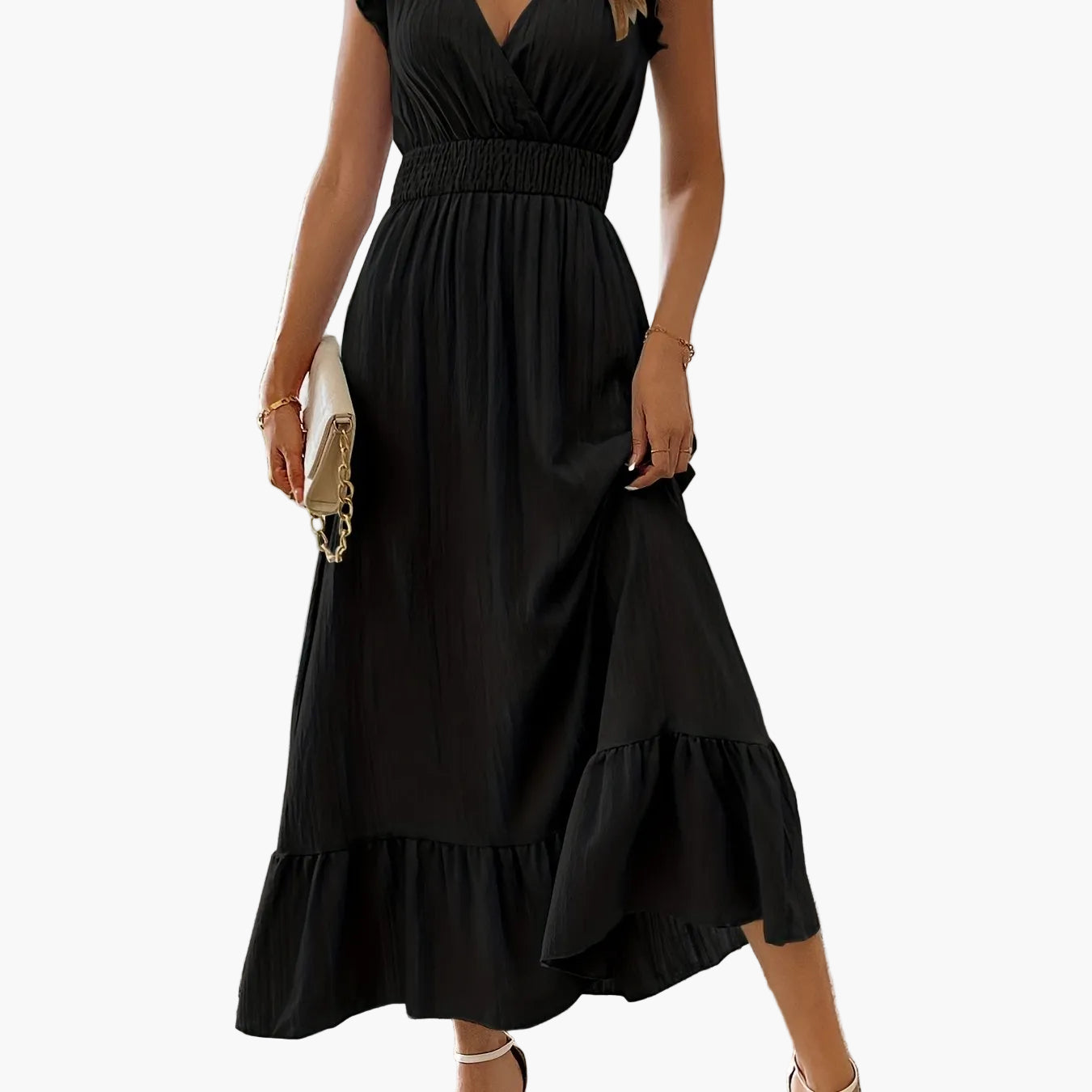 Robe longue élégante pour femme avec manches à volants et détail à la taille – Parfaite pour l'été et les vacances