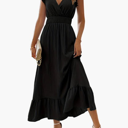 Robe longue élégante pour femme avec manches à volants et détail à la taille – Parfaite pour l'été et les vacances