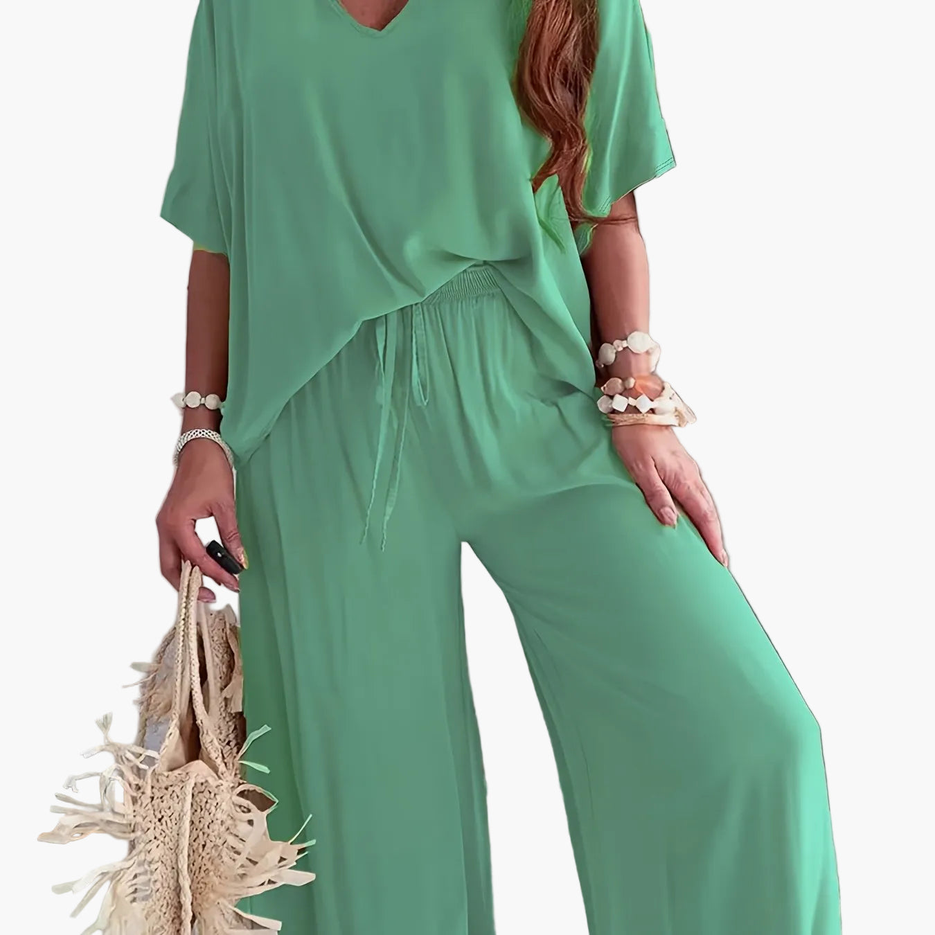 Damen Jumpsuit mit weitem Bein und V-Ausschnitt – Eleganter Freizeit Overall für Frühling und Sommer