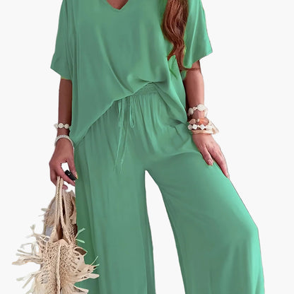 Damen Jumpsuit mit weitem Bein und V-Ausschnitt – Eleganter Freizeit Overall für Frühling und Sommer