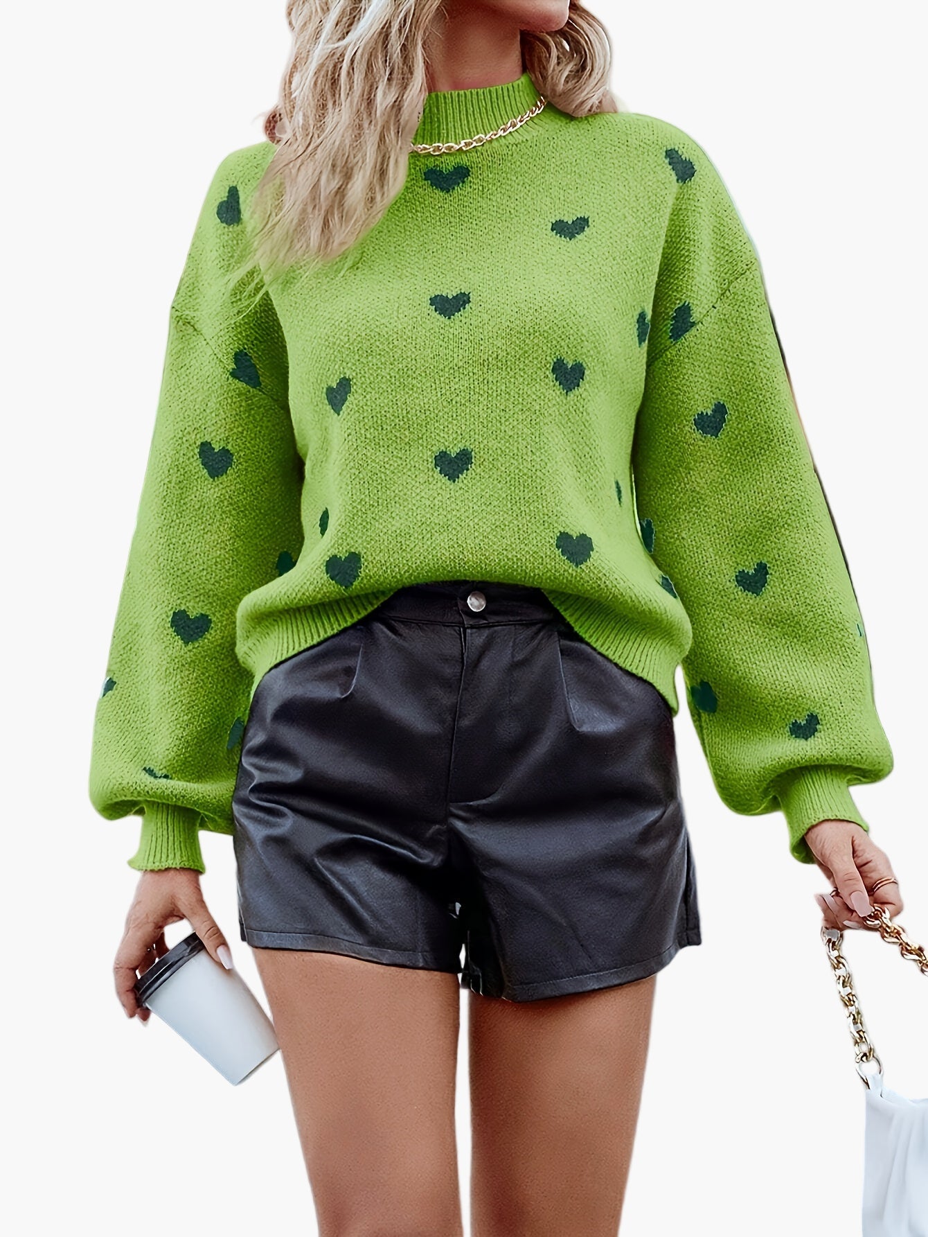 Maglione da donna con motivo a cuori, alla moda e casual, ideale per autunno e inverno