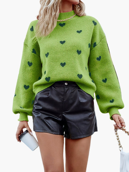 Maglione da donna con motivo a cuori, alla moda e casual, ideale per autunno e inverno